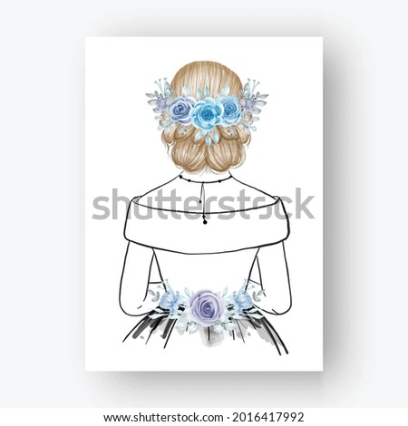 hand drawn Bride with bouquet flower blue watercolor illustration