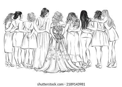Hand drawn Bride and bridesmaids group view from behind  Vector illustration bridal wedding dress and flower bouquet   hairstyles  Girls and party fashion clothes