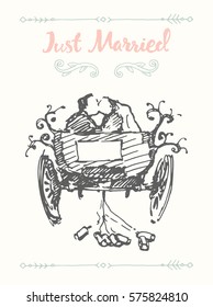 Hand drawn bride and groom in carriage, vector illustration, sketch