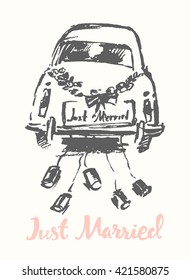 Hand drawn bride and groom with old fashioned car, vector illustration, sketch