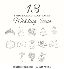 Hand drawn bride and groom wedding accessories elements vector set