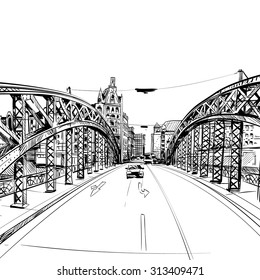 Hand drawn bridge, city sketch, vector illustration