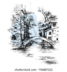Hand drawn bridge, urban sketch style vector illustration isolated on white and blue background. Sketch style drawing of historical Italian bridge, house