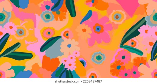 Hand drawn bright abstract flowers and leaves print. Cute modern cartoon style pattern. Fashionable template for design.