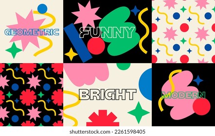 	
Hand Drawn Bright Abstract Shapes. Funny Cute Comic Geometric Patterns. Different Colored Vector Compositions in Cartoon Style. Modern Flat Design of Posters and Fabric. Funny Contemporary Art