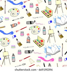 Hand drawn bright art tools. Colored graphic vector seamless pattern