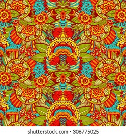 Hand drawn bright beautiful pattern. Pattern with elements doodle, Indian patterns. Bright abstract background.