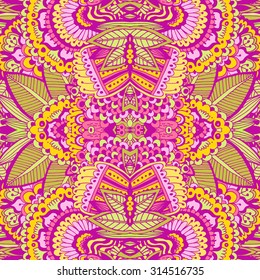 Hand drawn bright beautiful pattern. Pattern with elements doodle, Indian patterns. Bright abstract background.