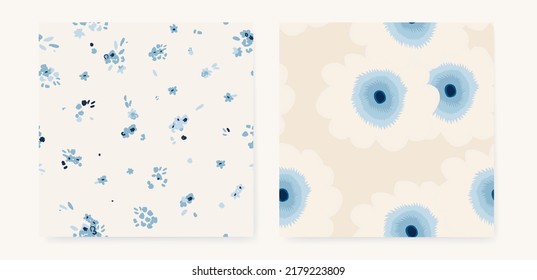 Hand drawn bright blue simple abstract floral print  Minimalist trendy pattern set  Fashionable template for design 