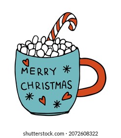 Hand drawn bright Christmas cup with marshmallows and candy cane.