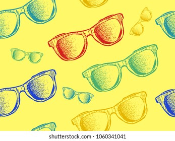 Hand drawn bright colored seamless sunglasses pattern with grunge texture on yellow background