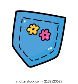Hand drawn bright colorful denim pocket with cute flowers doodle style, vector illustration isolated on white background. Black outline, retro vibe, decorative design element