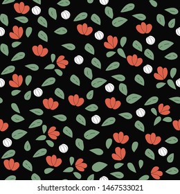 hand drawn bright ditsy seamless pattern with white, orange flowers and green leaves on black background