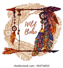 Hand drawn bright feather background. Illustration in boho vintage style with wreath of painted feathers on white background. Summer t-shirt design