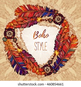 Hand drawn bright feather background. Illustration in boho vintage style with wreath of painted feathers on white background. Summer t-shirt design
