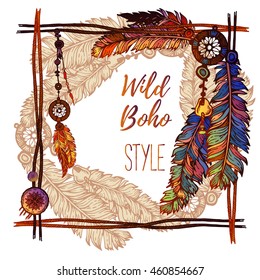 Hand drawn bright feather background. Illustration in boho vintage style with wreath of painted feathers on white background. Summer t-shirt design