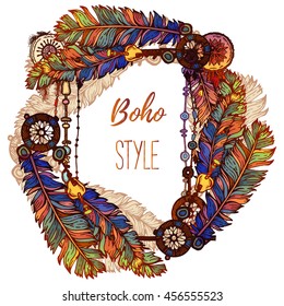 Hand drawn bright feather wreath. Illustration in boho vintage style with wreath of painted feathers on white background. Summer t-shirt design