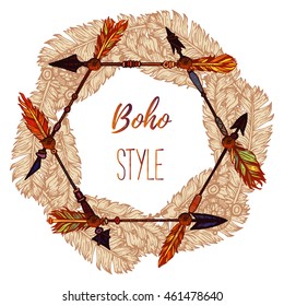 Hand drawn bright feather wreath. Illustration in boho vintage style with wreath of painted feathers on white background. Summer t-shirt design