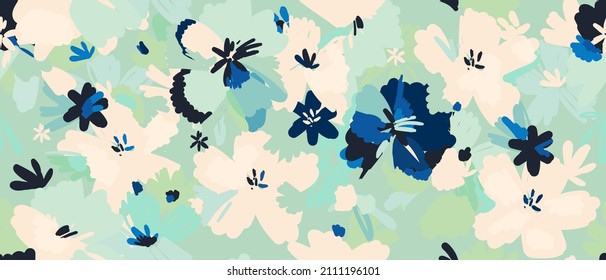 Hand drawn bright floral abstract print. Artistic seamless pattern. Fashionable template for design.