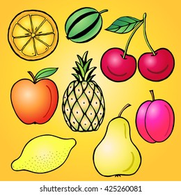 Hand drawn bright fruits, color vector illustration