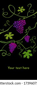 Dibujaron a mano vid de uva brillante sobre un fondo negro. Ilustración vectorial de frutas. Diseño para etiquetas, volantes, folletos, etc.