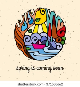 Hand drawn bright illustration of doodles elements on a theme of spring. Spring is coming soon.