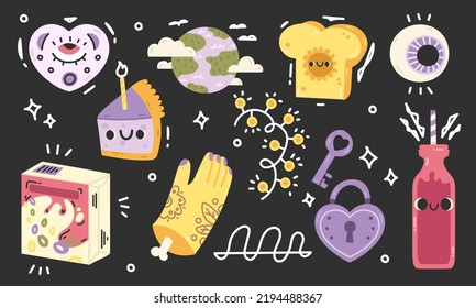 Hand drawn Hand drawn bright kawaii characters. Big Set of Different colored Vector illustartions. Cute a piece of cake, a planet, an eye, flakes, a key with a lock, lanterns. Cartoon style. Wallpaper