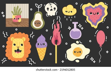 Hand drawn bright kawaii characters. Big Set of Different colored vector illustartions. Cute avocado, an ice cream, an egg, heart, a lion, a plant, a cloud. Cartoon style. Wallpaper, stickers