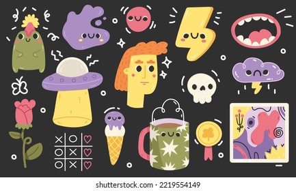 Hand drawn bright kawaii characters. Big Set of different colored vector illustartions. Cute boy, frog, flower, ice cream, cup, lightning, mouth, flying saucer, skull. Cartoon style. 