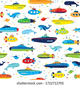 hand drawn bright kids submarine and whale seamless boys pattern