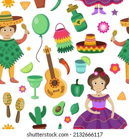 Hand drawn bright mexican seamless pattern. Mexican holiday decorations, people in traditional costumes, snacks and musical instruments. Cinco de mayo fiesta party ornament.