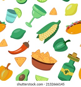 Hand drawn bright mexican seamless pattern. Mexican food, vegeatbles, drinks and snacks. Cinco de mayo fiesta party ornament.