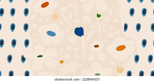 Hand drawn bright naive abstract floral print. Cute collage pattern. Fashionable template for design.