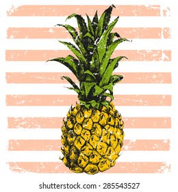 hand drawn bright pineapple on striped background