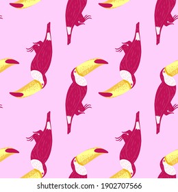 Hand drawn bright pink toucan shape seamless pattern. Light pink background. Simple exotic print. Flat vector print for textile, fabric, gift wrap, wallpapers. Endless illustration.