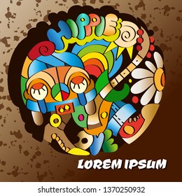 Hand drawn bright poster. Elements of doodles. Texture of stylized hippie subjects.