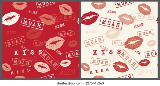 Hand drawn bright red Happy Valentines Day, wedding, romance, love kisses seamless pattern with lettering in typewriter style, retro design