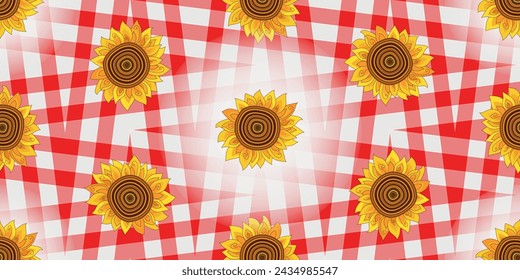Dibujado a mano rojo brillante y blanco a cuadros sin patrón con girasoles