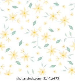 Hand drawn bright seamless floral pattern with small pretty flowers and leaves on white background made in soft pastel light colors. Elegant retro ornament for fabric, textile, wallpaper, wrapping etc