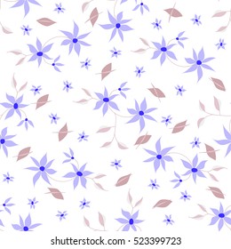 Hand drawn bright seamless floral pattern with small pretty flowers and leaves on white background made with soft pastel light colors. Elegant retro ornament for fabric, textile, wallpaper, wrapping