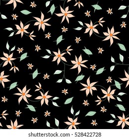Hand drawn bright seamless floral pattern with small pretty flowers and leaves made with soft pastel light colors on black background. Elegant retro ornament for fabric, textile, wallpaper, wrapping