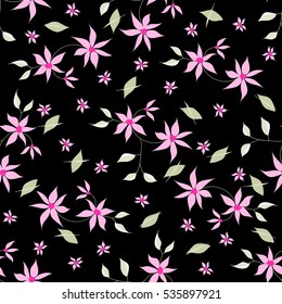 Hand drawn bright seamless floral pattern with small pretty flowers and leaves made with soft pastel light colors on black background. Elegant retro ornament for fabric, textile, wallpaper, wrapping