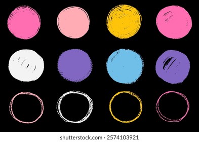 Hand drawn bright simple figure messy chalk crayon texture grunge circle elements. Simple childish forms cut out illustrations