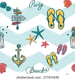 Hand drawn bright sketch kids star fish, bottle, anchor, shell, flip-flop. Set of isolated sea summer ocean beach party marine wedding seamless pattern. Colored sketch on white blue chevron background