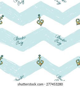 Hand drawn bright sketched kids anchor and beach. Set of isolated sea summer ocean beach party marine wedding seamless pattern. Colored sketch on white blue chevron background