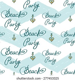 Hand drawn bright sketched kids anchor and beach. Set of isolated sea summer ocean beach party marine wedding seamless pattern. Colored sketch on white blue chevron background