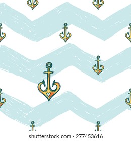Hand drawn bright sketched kids anchor. Set of isolated sea summer ocean beach party marine wedding seamless pattern. Colored sketch on white blue chevron background