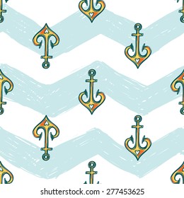 Hand drawn bright sketched kids anchor. Set of isolated sea summer ocean beach party marine wedding seamless pattern. Colored sketch on white blue chevron background