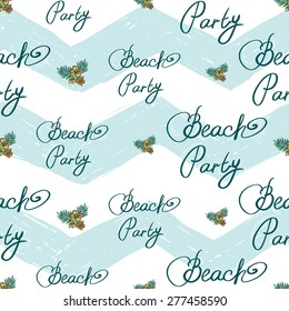 Hand drawn bright sketched kids bouquet and beach. Set of isolated sea summer ocean beach party marine wedding seamless pattern. Colored sketch on white blue chevron background