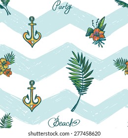 Hand drawn bright sketched kids branch, palm, bouquet, hibiscus, anchor. Set of isolated sea summer ocean beach party marine wedding seamless pattern. Colored sketch on white blue chevron background